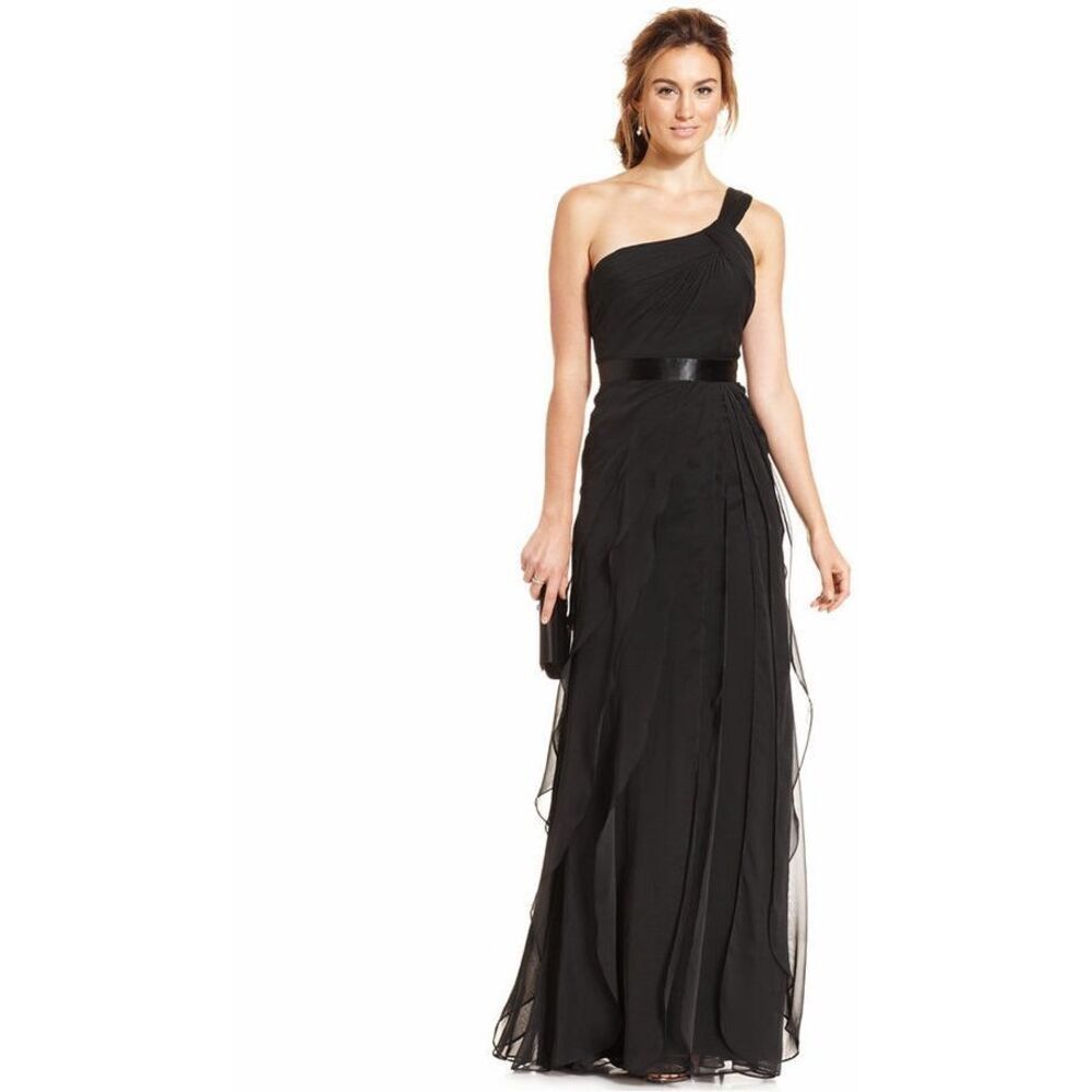 Adrianna Papell Asymmetrical Sleeve Tired Chiffon Dress Size 4